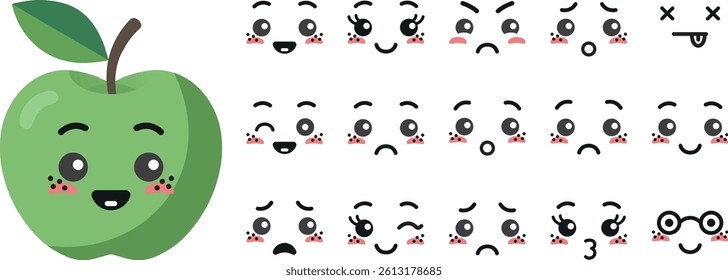 Green apple with kawaii cute faces, big set. Flat design vector illustration of green apple.