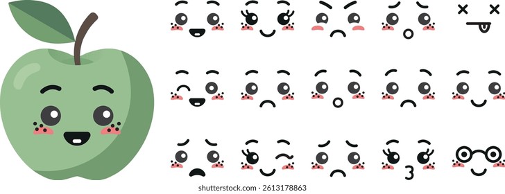 Green apple with kawaii cute faces, big set. Flat design vector illustration of green apple.