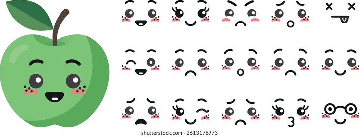 Green apple with kawaii cute faces, big set. Flat design vector illustration of green apple.