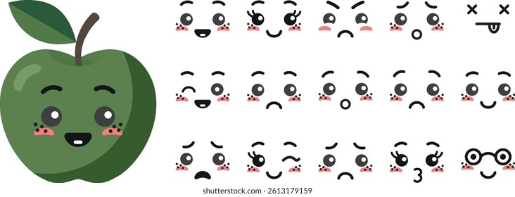 Green apple with kawaii cute faces, big set. Flat design vector illustration of green apple.