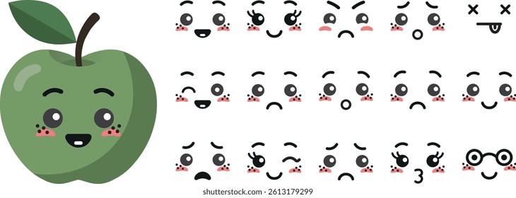Green apple with kawaii cute faces, big set. Flat design vector illustration of green apple.