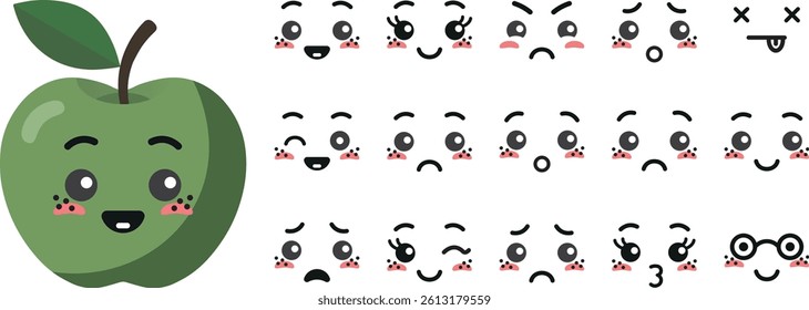Green apple with kawaii cute faces, big set. Flat design vector illustration of green apple.