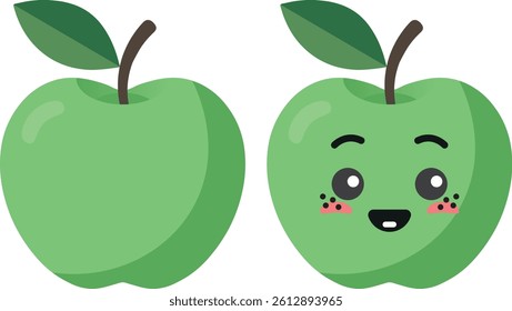 Green apple with kawaii eyes. Flat design vector illustration of green apple.