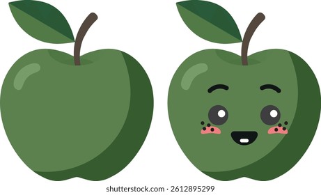 Green apple with kawaii eyes. Flat design vector illustration of green apple.