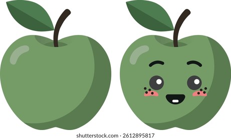 Green apple with kawaii eyes. Flat design vector illustration of green apple.