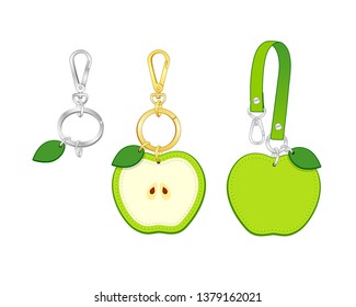 Green apple key chains/ bag charms set, Apple tags with strap, vector illustration sketch template