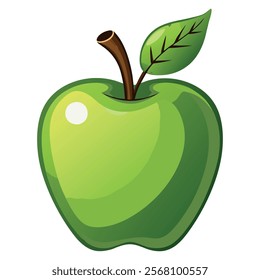 Green apple with a leaf, fresh fruit illustration, perfect for healthy food designs, organic branding, or grocery store logos