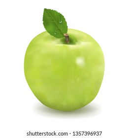 Green apple with leaf isolated on a white background 3d realistic illustration high detail. Vector illustration.
