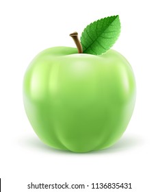 manzana verde con hoja, fondo blanco aislado. Ilustración vectorial EPS10.