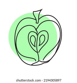 green apple with leaf, line art, vector graphic, green spot background