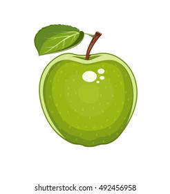 Grüner Apfel mit Blatt. Natürliche süße Früchte. Einziger weißer Hintergrund. Bio gesunde veganische Lebensmittel. Vektorgrafik
