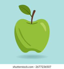 Green apple with leaf on blue background, ideal for wellness branding, nutrition content, healthy lifestyle campaigns, and clean food related design