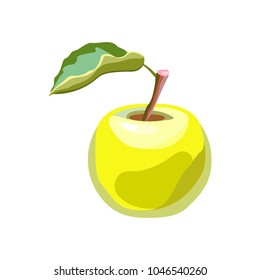 A green apple with a leaf on a branch. Fresh bright fruit for the menu. Isolated object. Vector illustration