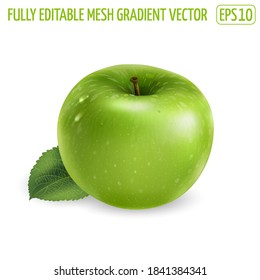 Green apple with a leaf on white background.