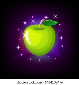 Green apple with leaf, slot icon for online casino or logo for mobile game on dark purple background, vector illustration