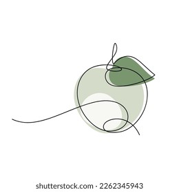 Green apple with leaf vector. Line continuous hand drawn illustration. Garden fruit outline icon, abstract linear silhouette. Minimal design, print, banner, card, brochure, logo, menu.