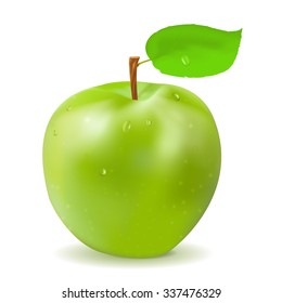 Green apple with leaf and water drops. Vector isolated on white background