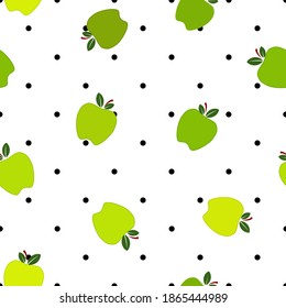 Green apple and leaves,  flat vector illustration, over black polka dot background.