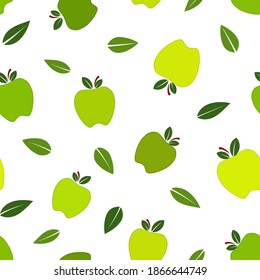 Green apple and leaves, flat vector illustration over white background  seamless pattern