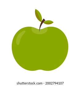 Green apple with leaves simple flat icon. Fresh and juicy vegetarian healthy food. Vector illustration on white background.