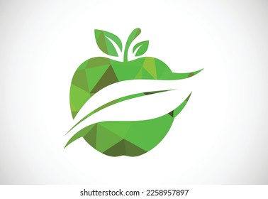Símbolo del logotipo de manzana de bajo estilo poly. Signo de Apple con hoja de espacio negativa