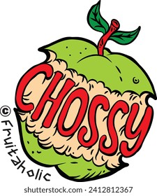 Green apple logo, apple slice, seeds, leaves and inscription juicy apple. Vector illustration. Good for print, apparel design, logo, emblem.