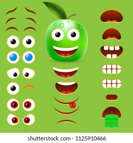 Green apple male emoji maker, smiley creator. Vector set of emoticon body parts for your own cool emoji creation.