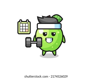 green apple mascot cartoon doing fitness with dumbbell , cute style design for t shirt, sticker, logo element