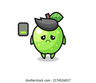 grüner Apfelmascot-Charakter mit einer müden Geste , süßes Design für T-Shirt, Aufkleber, Logo-Element