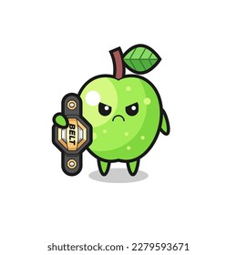 green apple mascot character as a MMA fighter with the champion belt , cute style design for t shirt, sticker, logo element