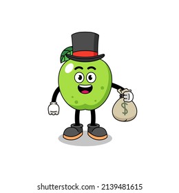 green apple mascot illustration rich man holding a money sack , character design