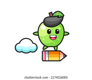 green apple mascot illustration riding on a giant pencil , cute style design for t shirt, sticker, logo element