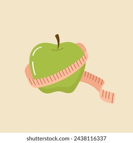 Green apple and measuring tape. Color illustration on the topic of healthy eating and weight control.