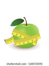 Green apple with measuring tape. vector illustration
