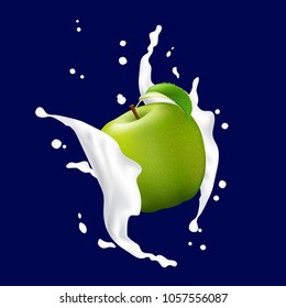 Green Apple In A Milk Yogurt Splash. Apple Falling Into The Cream Splash. Realistic Fruit. Vector Eps10.