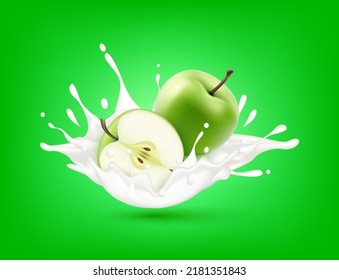 Green Apple milk yogurt splashing isolated on green background. Health concept. Realistic 3d vector illustration. Can used for product design advertising beverage and food products.