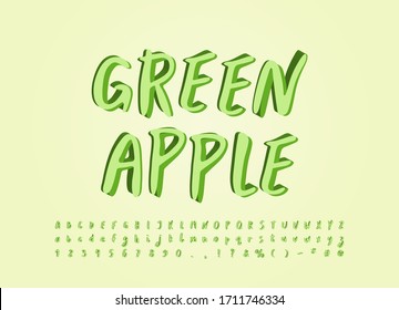 Green apple modern alphabet paintbrush font. Uppercase and lowercase letters, numbers. Vector illustration