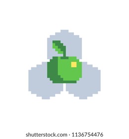 Green apple and molecular structure pixel art icon, logo for pharmacy, science, medicine, technology, education, biotechnology and health. Isolated vector illustration. 8-bit sprite. Design mobile app
