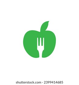 Green apple and negative space of fork logo designs inspiration isolated on white background. Negative space fork merged with nutritionist apple