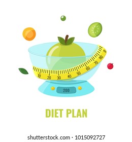 Green apple on the kitchen scales with measuring tape and vegetables. Diet plan concept. Vector illustration.