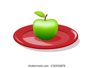 Green apple on red plate, vector illustration 