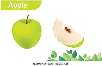 Green apple on white background, apple slices isolated, Set of fresh whole and cut apple and slices isolated, Ripe Green apple fruit with half package design element