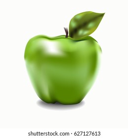 Green apple on a white background with a shadow. Green fruit. Vector illustration.