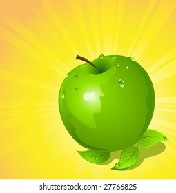 Green apple on yellow background