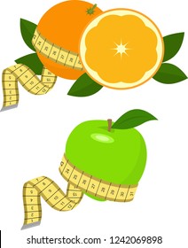 Green apple and orange with measurement. Vector Illustration on white. Healthy diet concept.