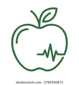 Green apple outline with leaf and heartbeat line, symbolizing health and wellness in a minimalist vector design.