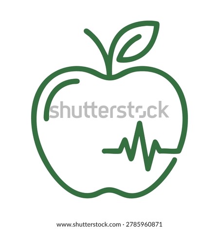 Green apple outline with leaf and heartbeat line, symbolizing health and wellness in a minimalist vector design.