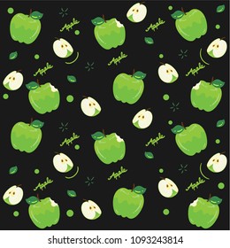 Green apple pattern on black background, Vector illustration