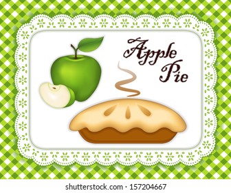 Green Apple Pie, white eyelet lace doily place mat, green gingham check background. Sweet, tart dessert treat. See other fruits and pies in this series. 