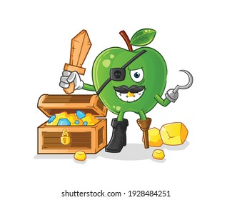 green apple pirate with treasure mascot. cartoon vector